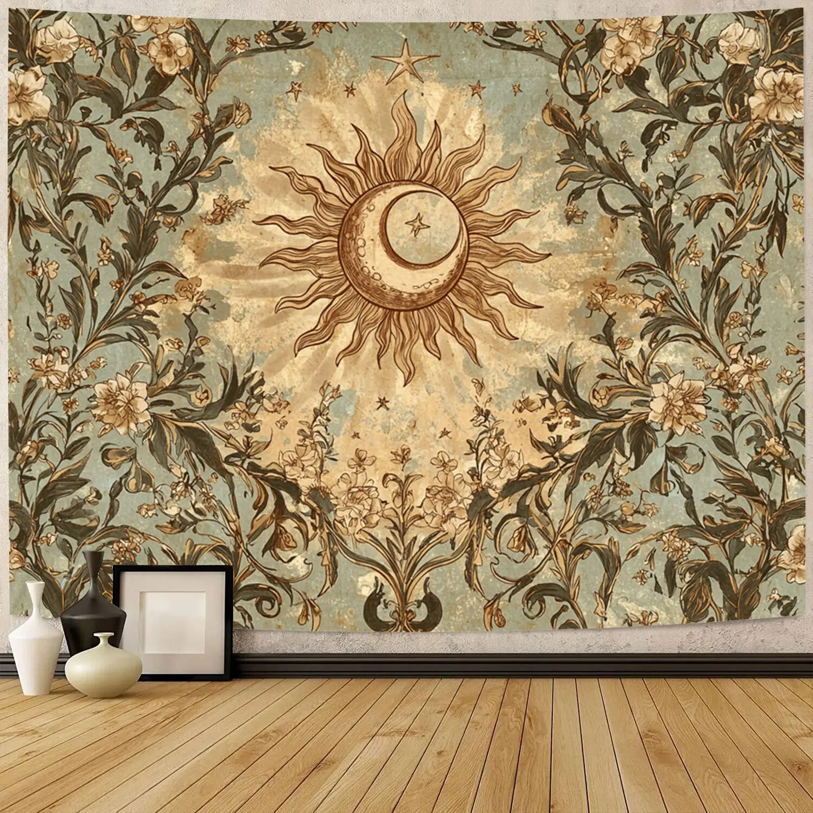 Bohemian Sun-Moon Polyester Artistic Tapestry - Large Vintage Synthetic Wall Decoration with Flower Accents, Artwork Print Home Decor for Bedroom, Living Room, Artistic Tapestry Tapestries,Hippie,Galaxy,Space Tapestr,Western,Gallop,decorative,wall hanging