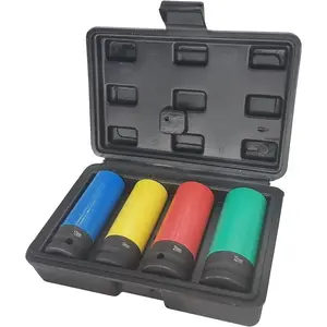 1/2 Inch Drive Wheel Protector Impact Socket, Thin Wall Deep Socket Set with Plastic Sleeve, Metric, 4 Pcs Set, 17mm, 19mm, 21mm, 22mm