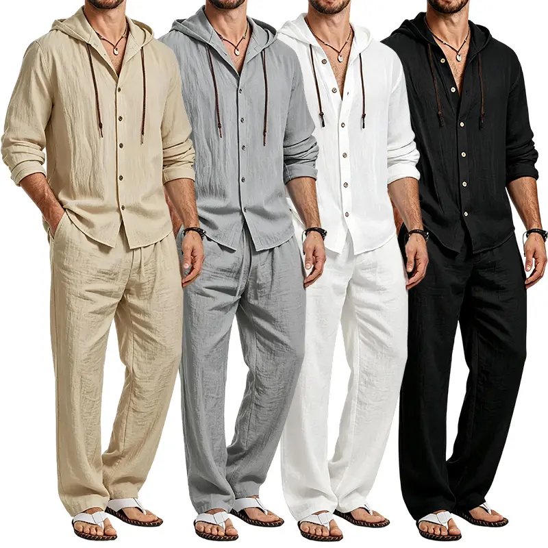 Men’s casual two-piece set available in multiple colors: drawstring hooded long-sleeve shirt made from linen with a smooth drape, wrinkle resistance, and skin-friendly fabric paired with straight-leg pants; relaxed vacation-style outfit for everyday outin