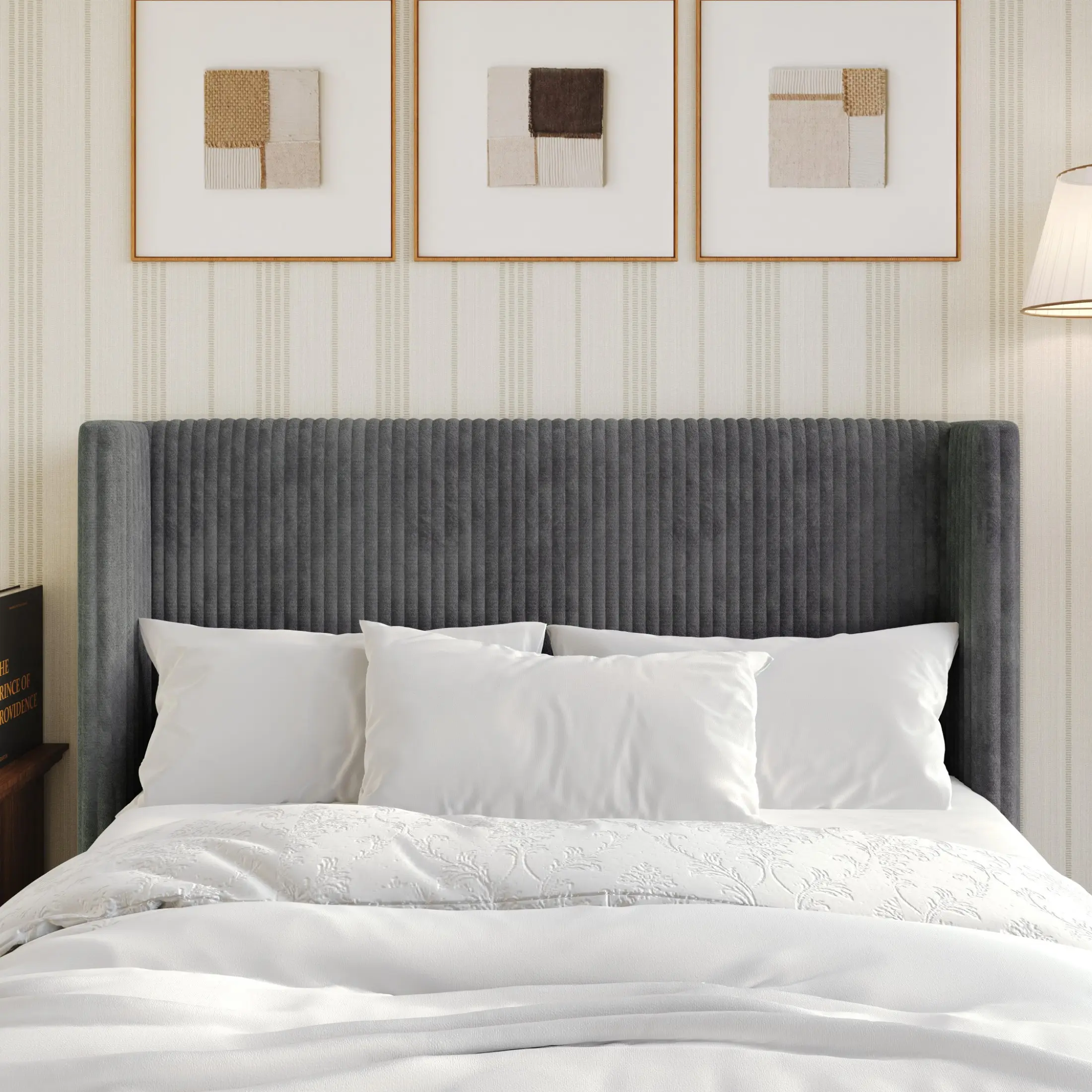 FAVORER Classic Lenox Upholstered Wingback Headboard - Soft Corduroy Fabric, Extended Wings, Sturdy, Full Size 7.1"d x 59.1"w x 46.5"h, Long-Term Reliability, Easy-to-Assemble Indoor Furniture