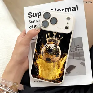 Golden Football Crown Phone Case for iPhone 17 Pro Max 17Air 17 16E 16 15 14 13 12, Ultra Skin-Friendly TPU, All-Inclusive Glass Lens Protection, Aesthetic Soccer Fans Gift, Trendy Dopamine Ins Style Cover, Shockproof Slim Case, Lens Window Design