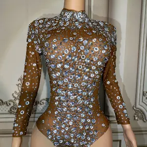 Dark Nude Rosa Diamond Rhinestone Crystal Bodysuit Polyester