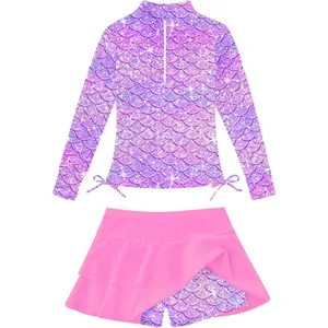3-12T Girl Swimsuits 2pcs Long Sleeve Swim Rashguard Bathing Suit with Cover-ups Skirt