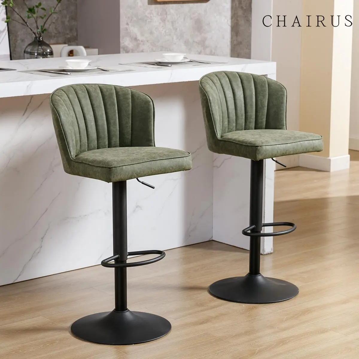 CHAIRUS Waterproof Bar Stools Set of 2 Modern PU Leather Swivel Counter Stool Adjustable Hydraulic Bar Stool Ergonomic Stools with Stable Metal Frame Padded Island Chairs with Back and Footrest for Kitchen Island Living Room Pub Coffee Green Home Decor