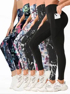 Women's All Over Print Pocket Sports Leggings, High Waist Skinny Pants, Ladies Sportswear for Indoor Outdoor Wear