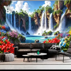 1pc Large Landscape Waterfall & Flower Tapestry - Vibrant Polyester Wall Hanging with Tropical Falls, Lush Greenery, and Colorful Blooms - Ideal for Living Room, Bedroom, Office Decor - Easy Installation, Office Decoration |   Natureinspired Decor |