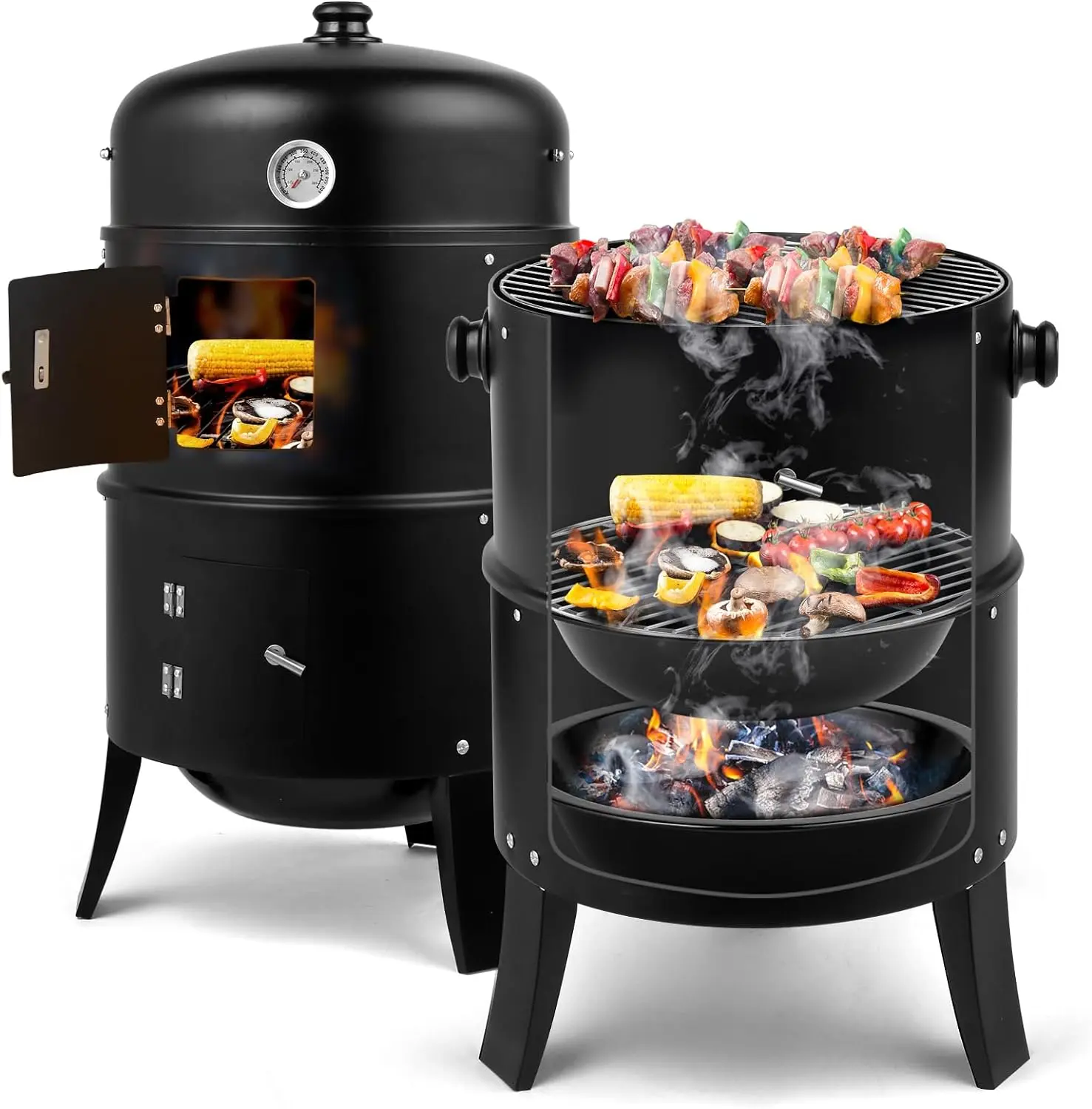 【Summervibes】Ubesgoo Vertical 17 Inch Charcoal BBQ Smoker, 3-in-1 Portable Outdoor Grill Cooker With Built-in Thermometer For Outdoor Backyard Cooking Grilling Camping