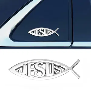 1pc Metal Jesus Fish Car Decal Sticker, Car Decorative Sticker – 3D OEM Style Chrome Christian Fish Emblem Badge for Cars, Trucks, Motorcycle & All Vehicles, Universal Fit 3.9" x 1.3", Weatherproof