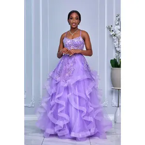 HEART NECKLINE SPAGHETTI STRAPS BEADED SEQUIN TULLE DRESS (LAVENDER)