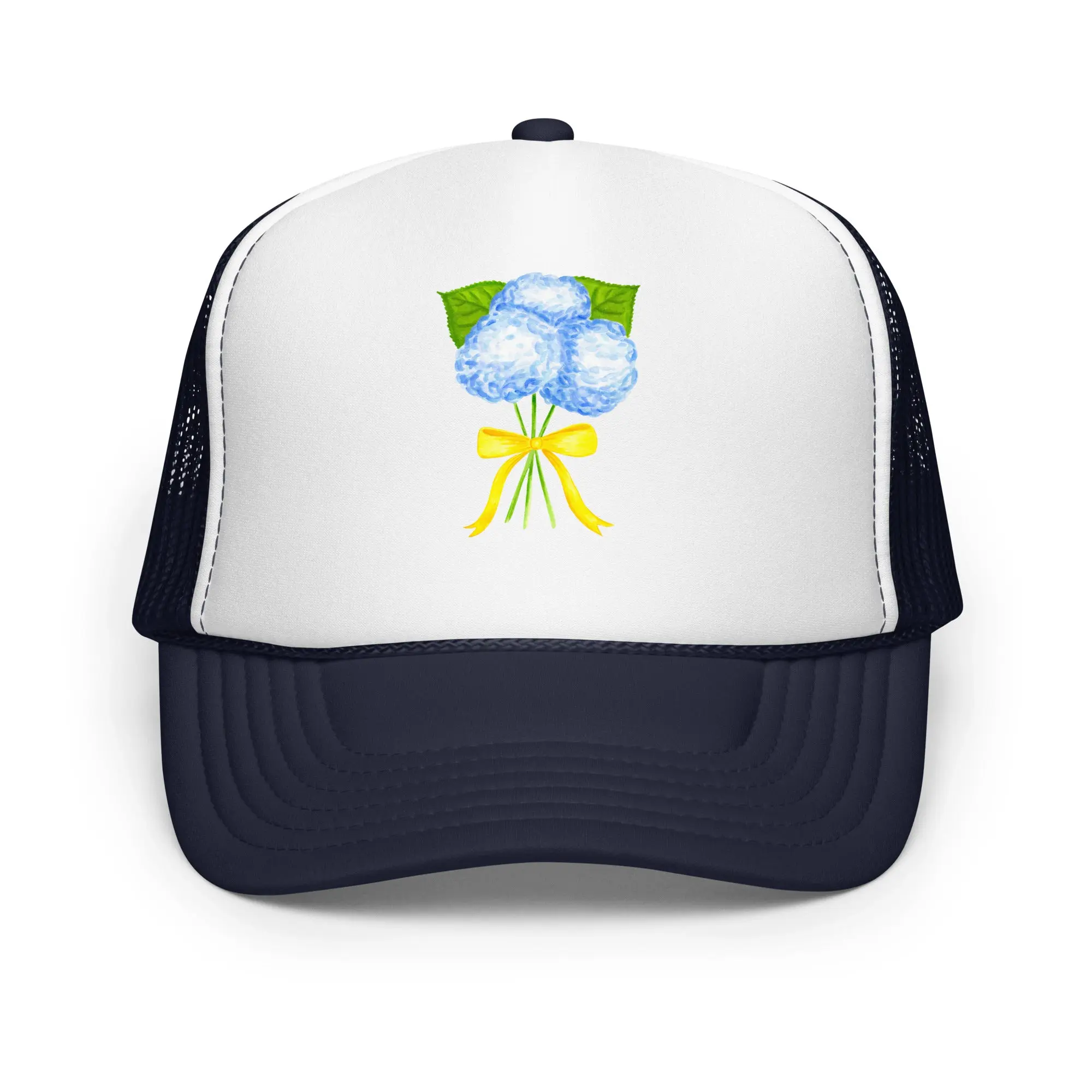 Blue Hydrangeas with Yellow Bow Watercolor Printed Preppy Trucker Hat | Various Colors