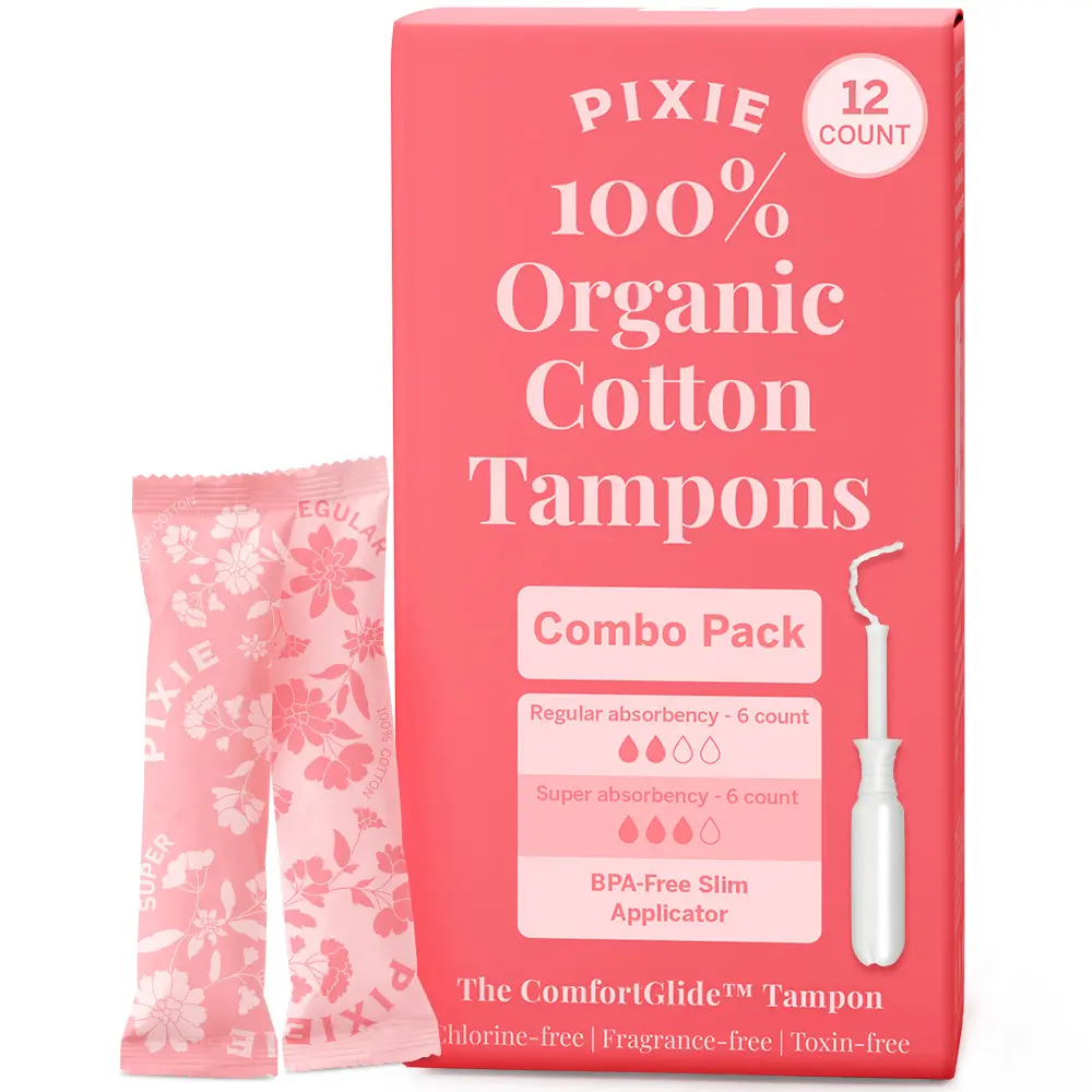 Pixie Organic Cotton Tampon Combo Pack – Regular & Super Absorbency – BPA-Free Long Applicator – Unscented, Chlorine-Free Feminine Care – 12 Count