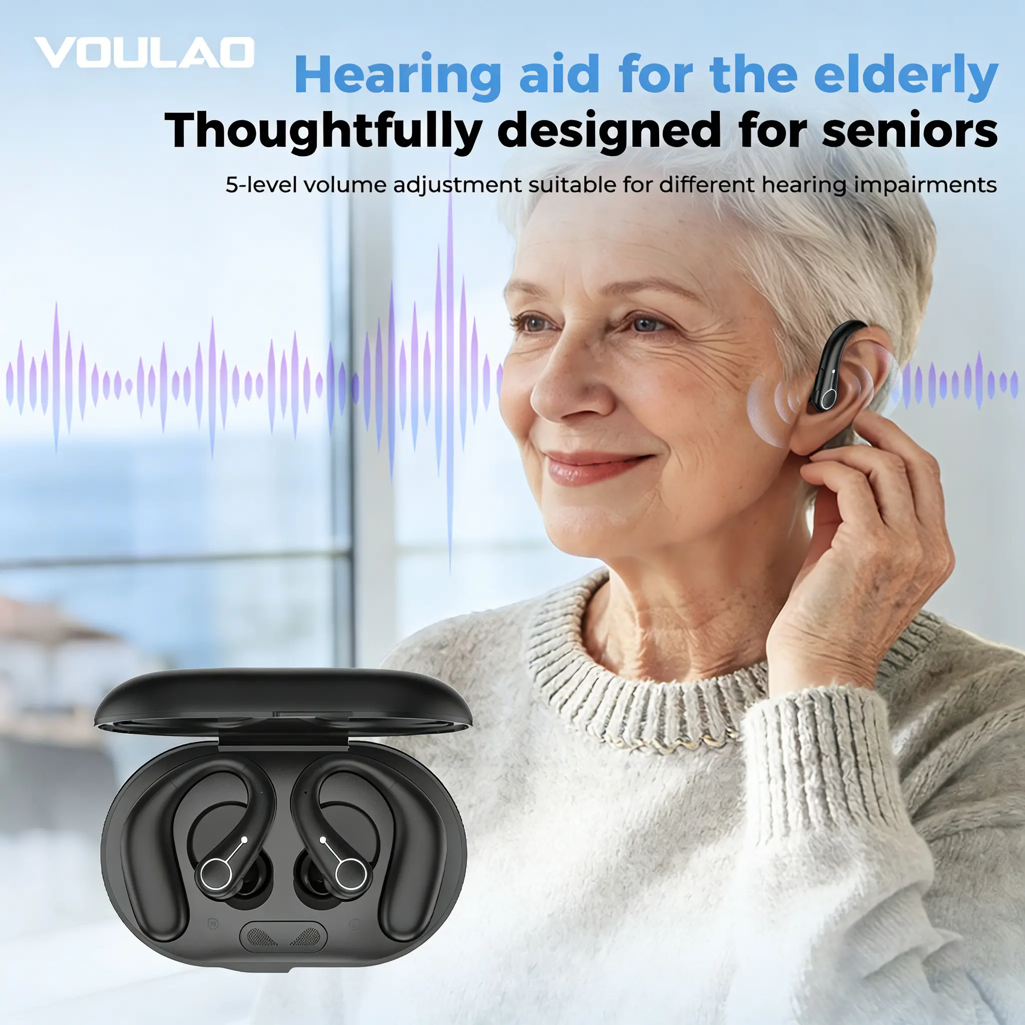 VOULAO Hearing aid wireless earbuds, in ear Bluetoothheadphones, in ear hearing aids, hearing amplifierssuitable for elderly and adults with hearing impairment,with digital display charging case, compatible withiOS/Android.