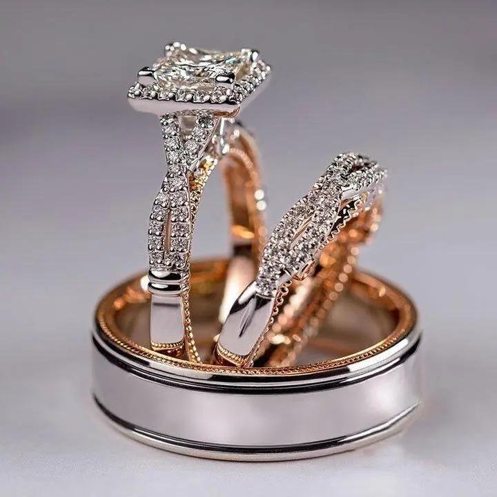 Three-Piece Set Ring Rose Gold Two-Tone Sparkling Zirconia Ring Luxury Women's Engagement Ring