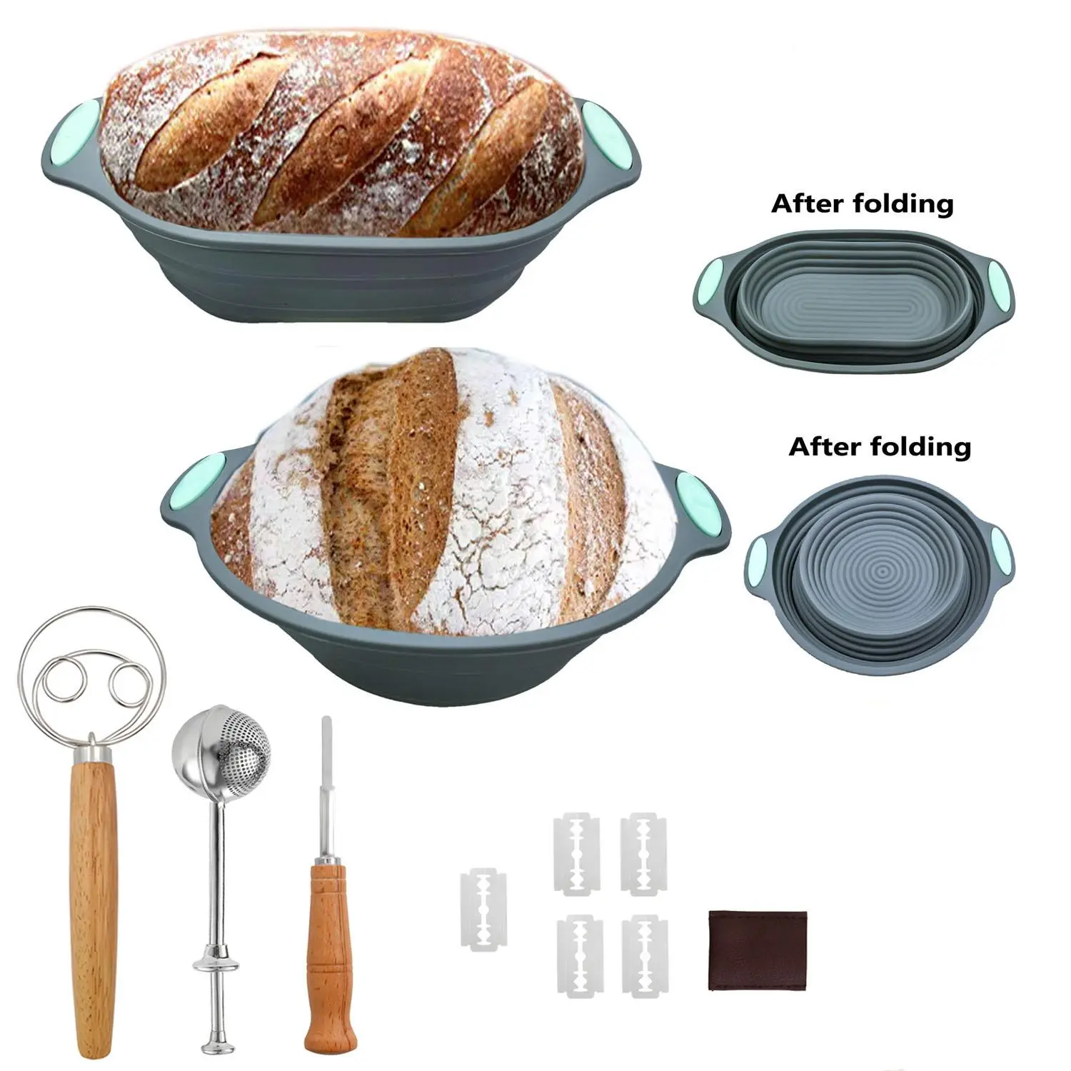 Silicone Bread Baking Basket Set, 10/11pcs/set Including Bread Basket & Scraper & Scraper & Flour Sifter & Knife & Knife & Brush, Proofing Basket Baking Tool Bakeware for Home Kitchen Baking Supplies