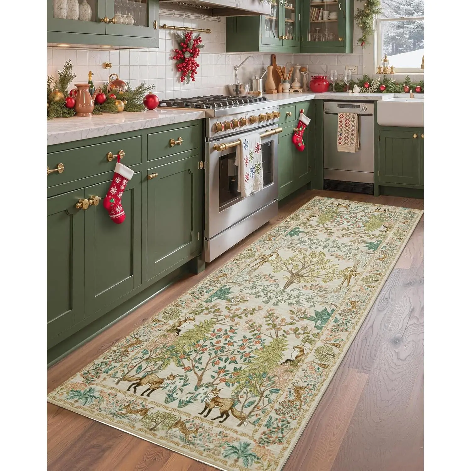 Red 2x6 Christmas Rug Kitchen Runner Rug Non Slip Washable Stain Resistant Runners for Hallways Christmas Tree Snow Print Low Pile Soft Holiday Decor Carpet for Bedroom Laundry Room,Beige