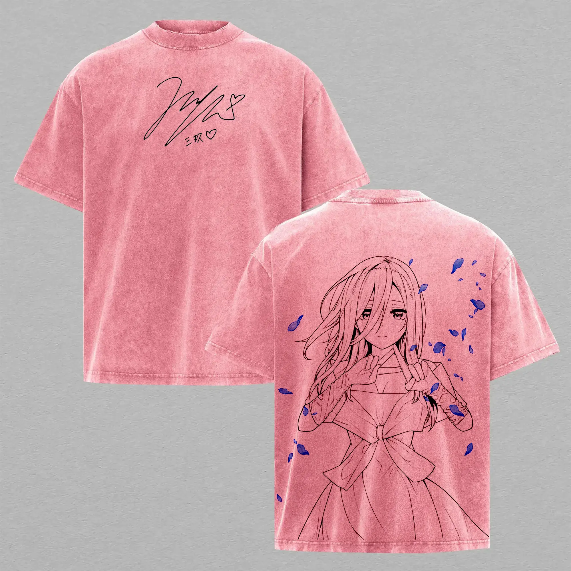 Miku 2026 The Quintessential Quintuplets Retro Washed Graphic Tee Heavyweight Cotton Loose Fit Unisex Streetwear Trendy Casual Short Sleeve Graphic T-Shirt