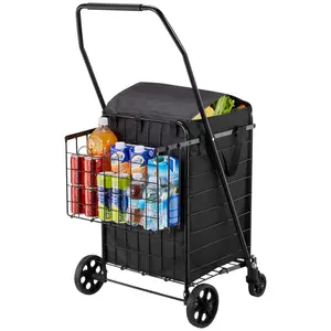 VEVOR Shopping Cart, Folding Grocery Utility Cart with Dual Baskets, Waterproof Liner & Wheels, 100 LBS Large Load Capacity, Heavy Duty Laundry Basket for Laundry, Shopping, Camping, Grocery, Luggage