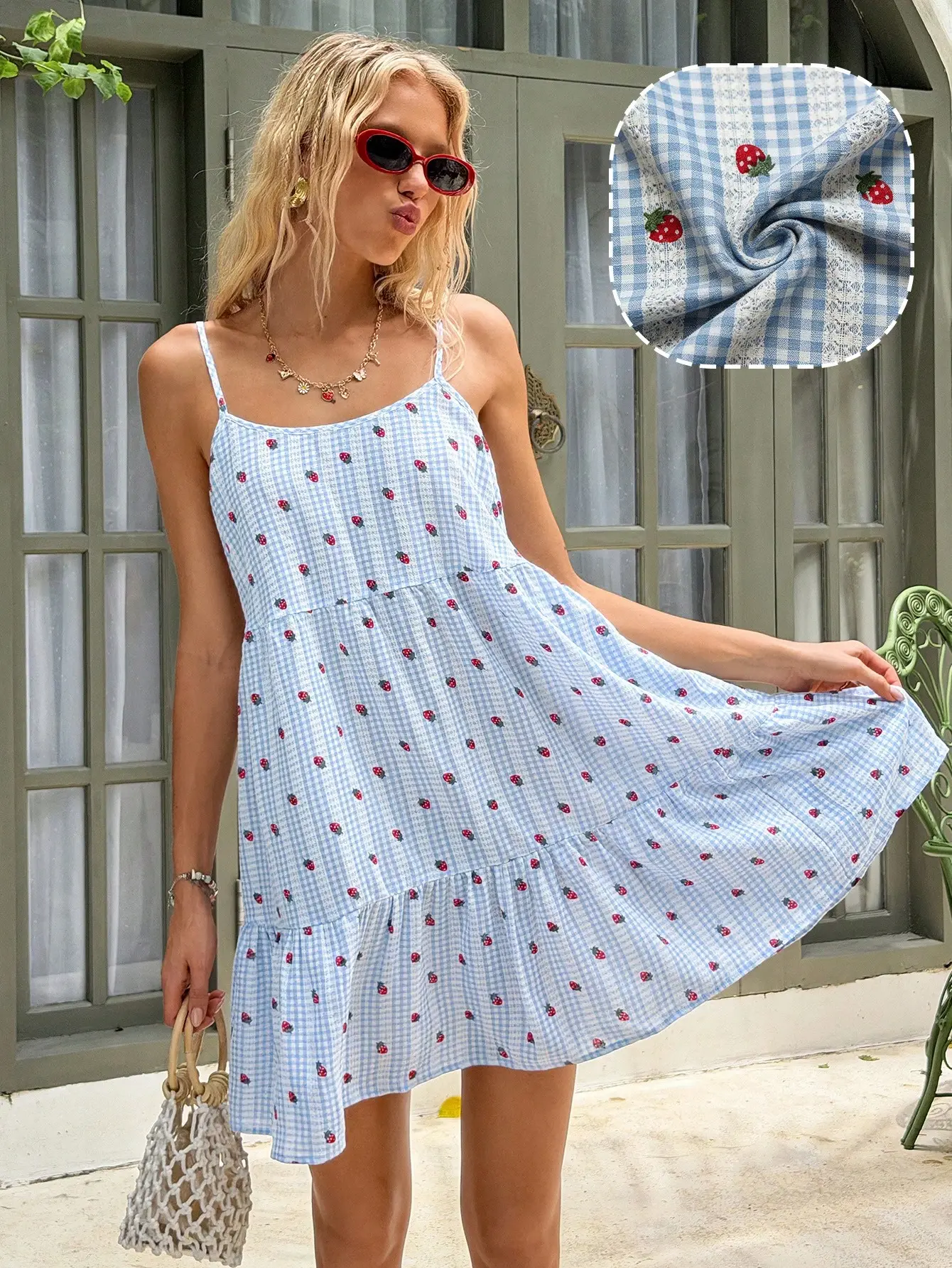 [Back to School] MainGirl Women's Blue And White Plaid Lace Stitching Strawberry Print Mini Dress Sleeveless Spaghetti Strap Low Back Ruffle Hem Modest Babydoll Summer
