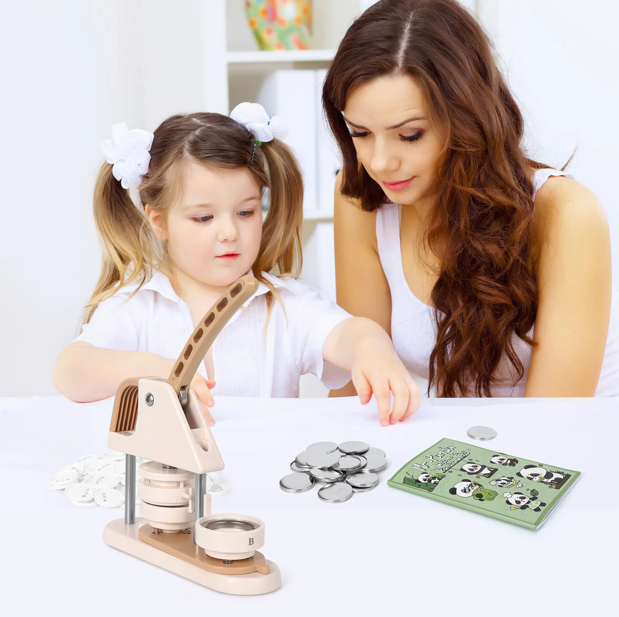 Garvee 3-in-1 Multi-Size Button Maker Machine Kit, 25/32/58mm (1/1.25/2.28 in) Badge & Pin Press w/ 300 Button Parts, Templates & Circle Cutter