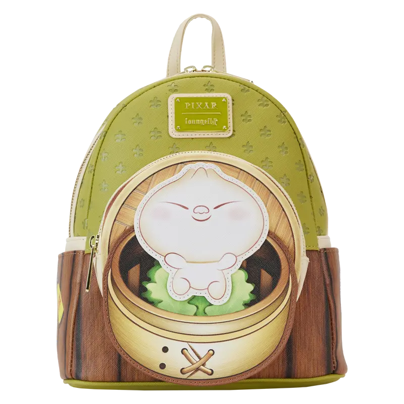 Loungefly Bao Bamboo Steamer Mini Backpack, Novelty Vegan Leather Bag with Shiny Gold Hardware and Adjustable Straps, Chopsticks, Steamed Dumplings, Casual Outings, Adjustable Shoulder Straps, Bamboo Steamer Basket
