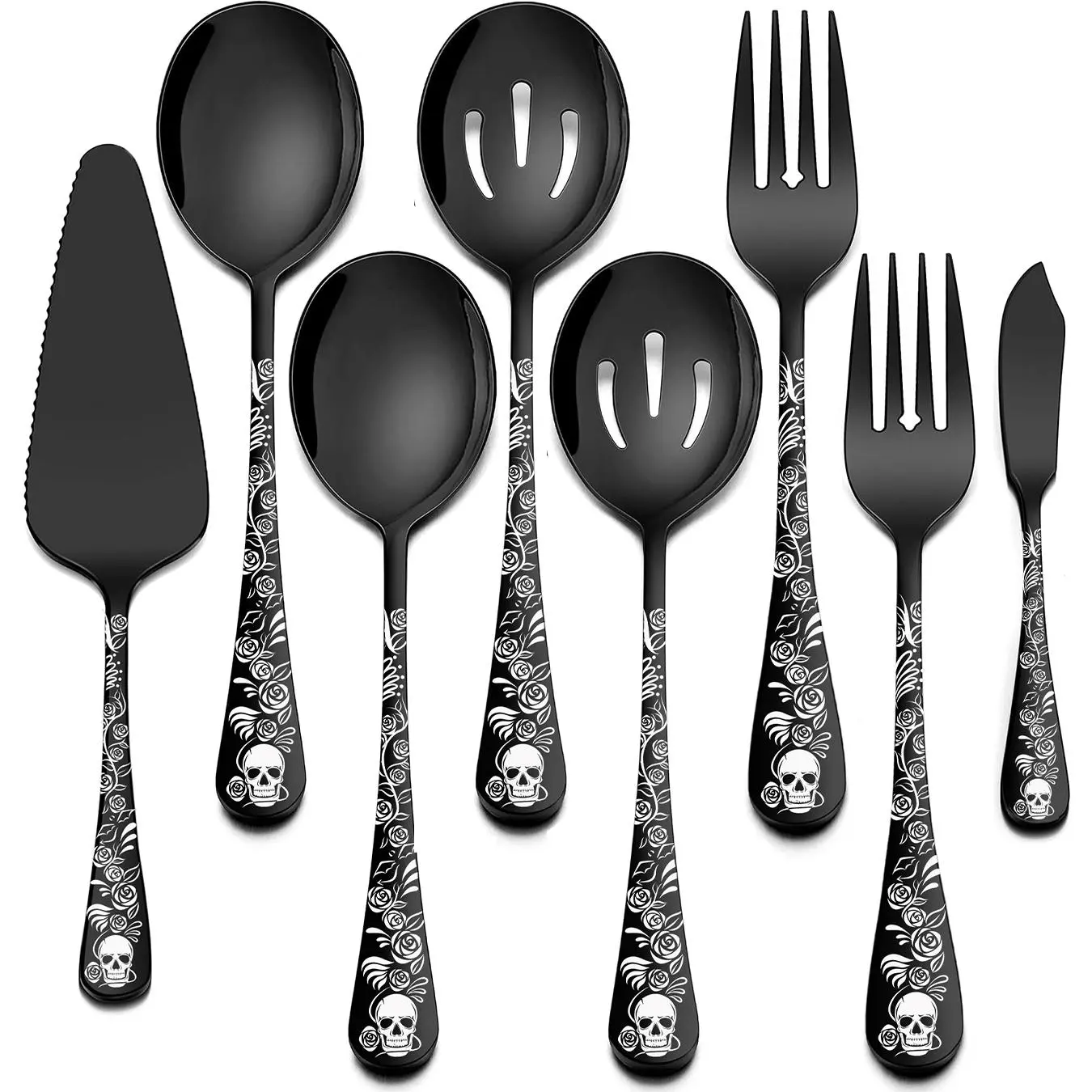 Skull Pattern Tableware Set, 5pcs/8pcs Stainless Steel Serving Spoon & Fork & Slotted Spoon & Butter Knife, Kitchen Utensils for Party, Cutlery