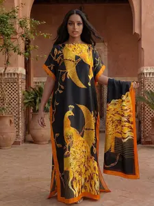 Elegant Summer Women's Thin Loose Peacock Pattern Robe Shawl Set, Long Silk Scarf Beach Sun Protection Satin Scarf