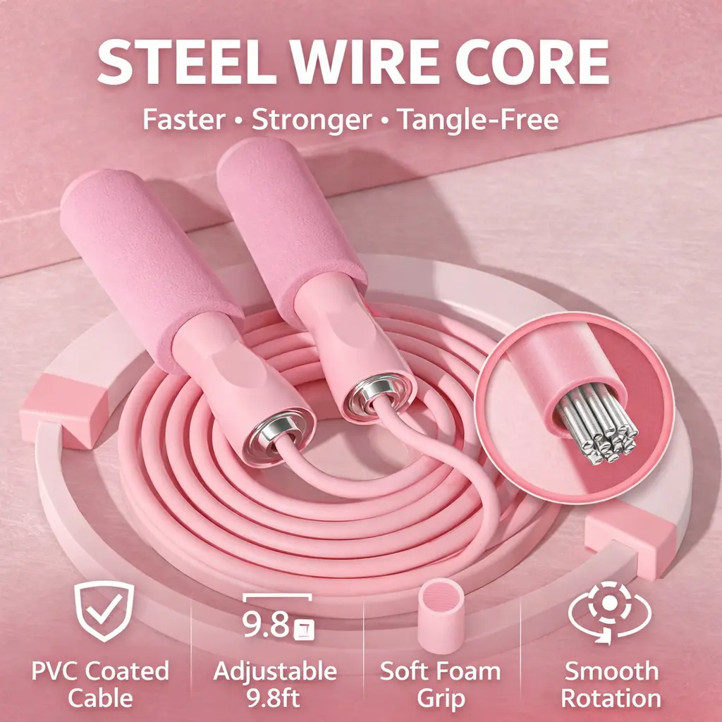 Adjustable Jump Rope, 9.8 ft Tangle-Resistant PVC Skipping Rope with Ball Bearings and Non-Slip Foam Handles for Cardio, Boxing and Home Workouts