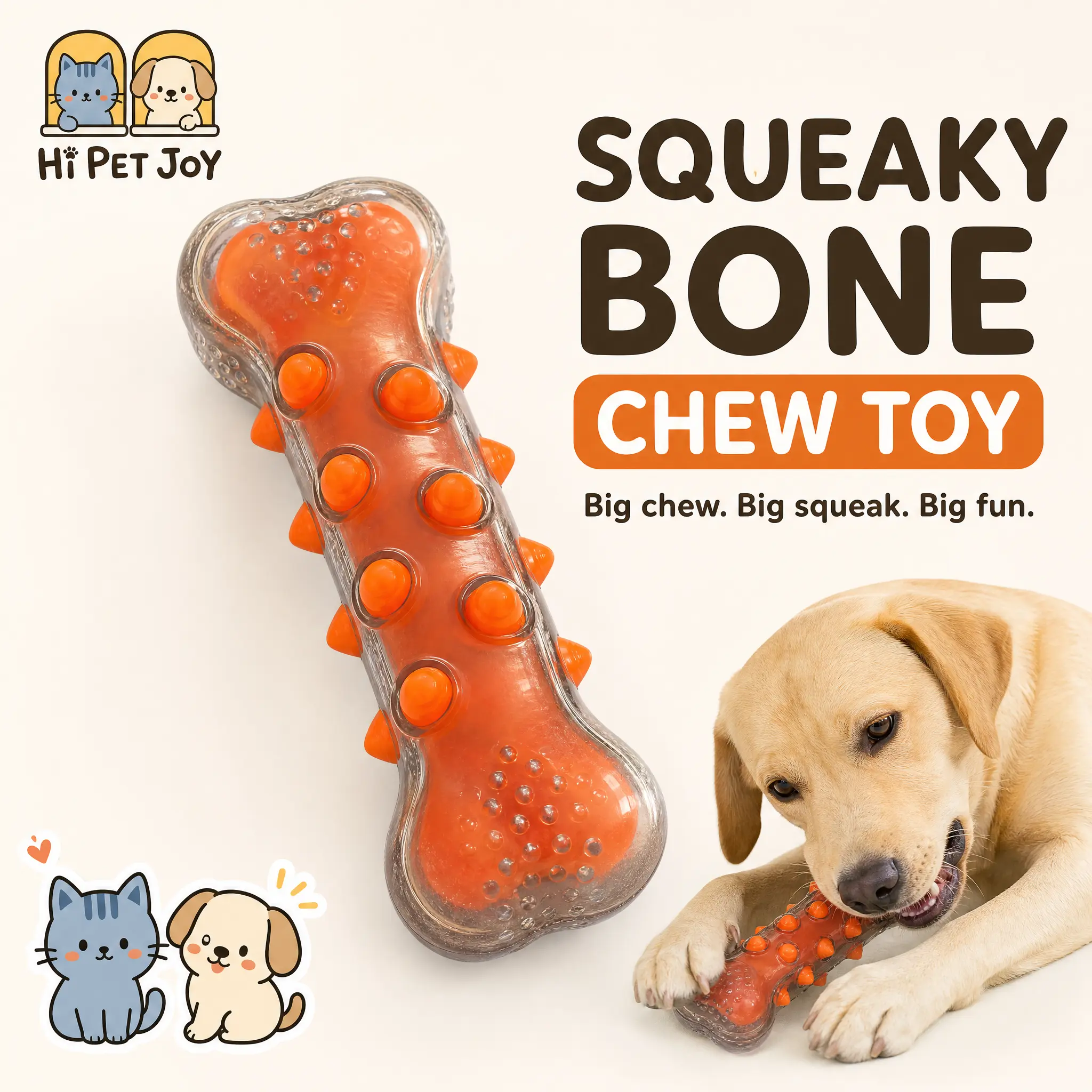 HiPetJoy squeaky durable chew bone toy for large breed dogs, nearly indestructible tough rubber dog toy, teeth-cleaning grinding interactive dog toy, perfect birthday gift for aggressive chewers