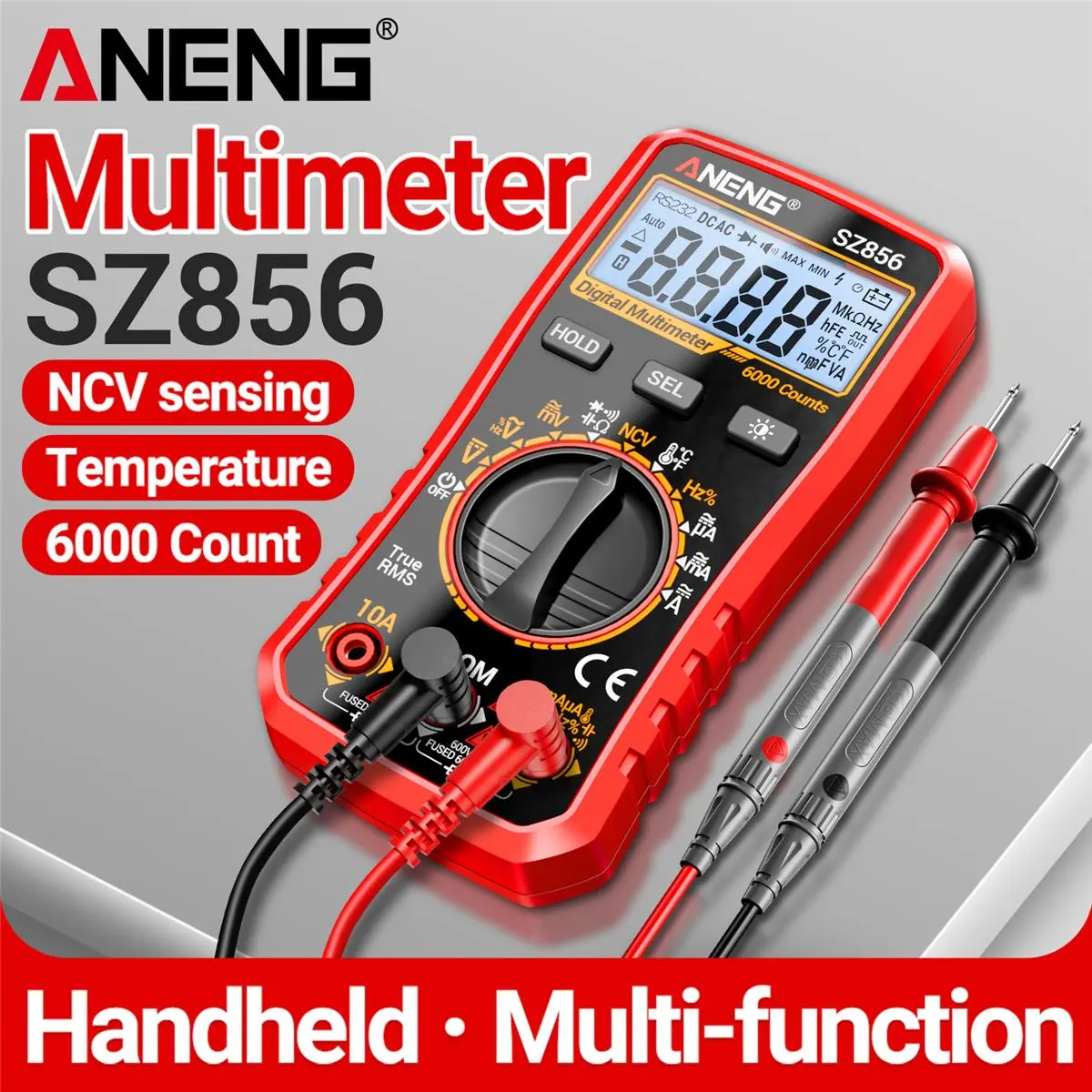 ANENG SZ856 Compact Digital Smart Multimeter - 6000 True RMS Counts, 1.5V AA Alkaline Power, Anti-Burn with Double Fuses, NCV Measurement, AC/DC Voltage Current Tester, Resistance-Temperature-Diode Checks, EMF Tester for Engineering Pros, Automotive Use,,
