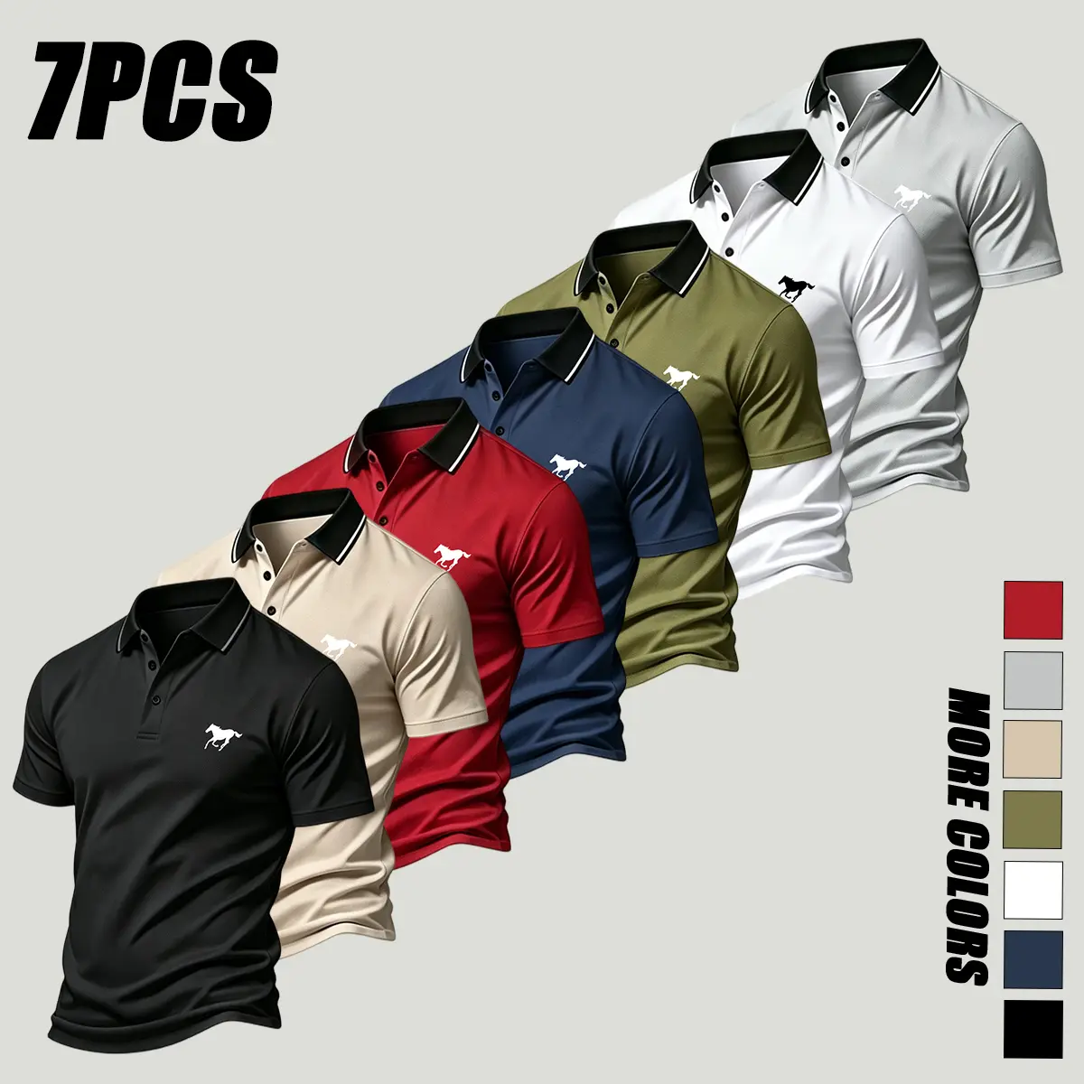 Men's 7-Pack Fashionable Golf Polo Shirts - Comfortable Fit Polyester Clothing, Machine Washable, Machine Wash, Male, Business-Casual, Black + Black + Red + Red + White + White + Dark Blue,back to school,back to school shopping