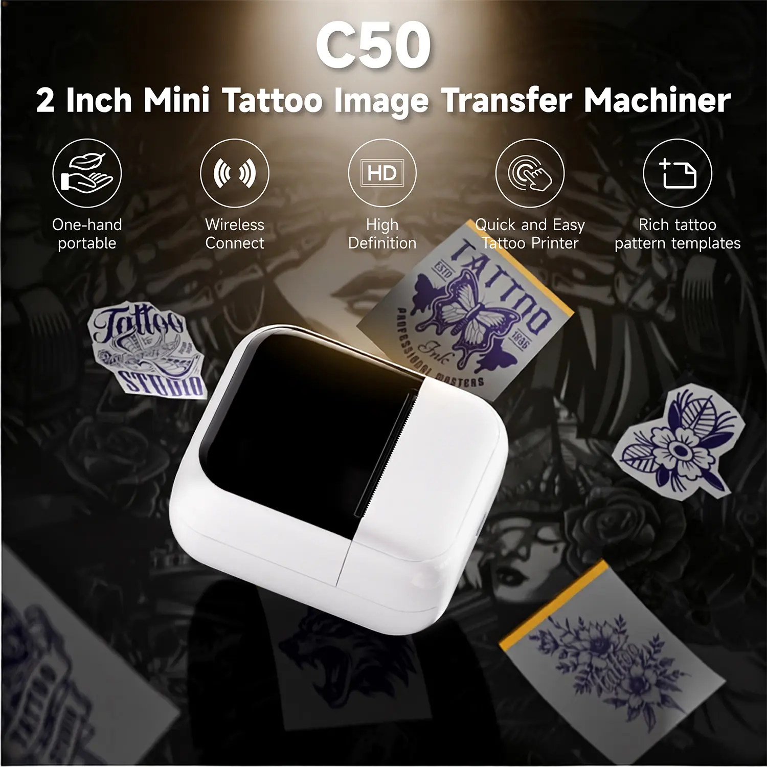 Ink-free tattoo printer, portable thermal printer, label printer—no ink required. Suitable for various settings including offices, schools, homes, and tattoo studios. Compatible with smartphones and tablets.