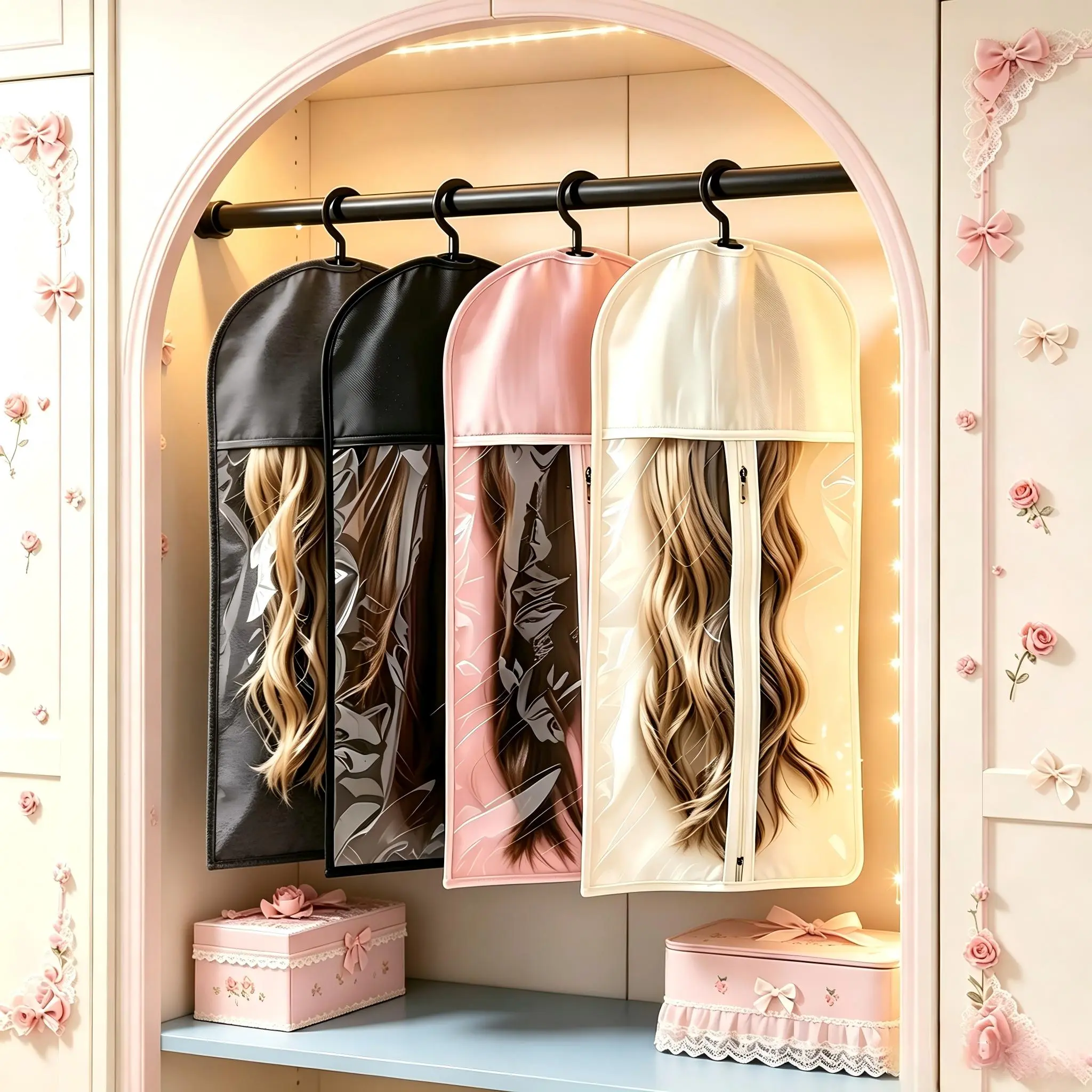 4 Colors Hanging Wig Storage Organizer Bags with Hooks, Transparent Dust Proof Zipper Wig Cover, Portable Hair Extension Holder Case, Cosplay Wig Tool Accessories for Home Salon Closet Storage