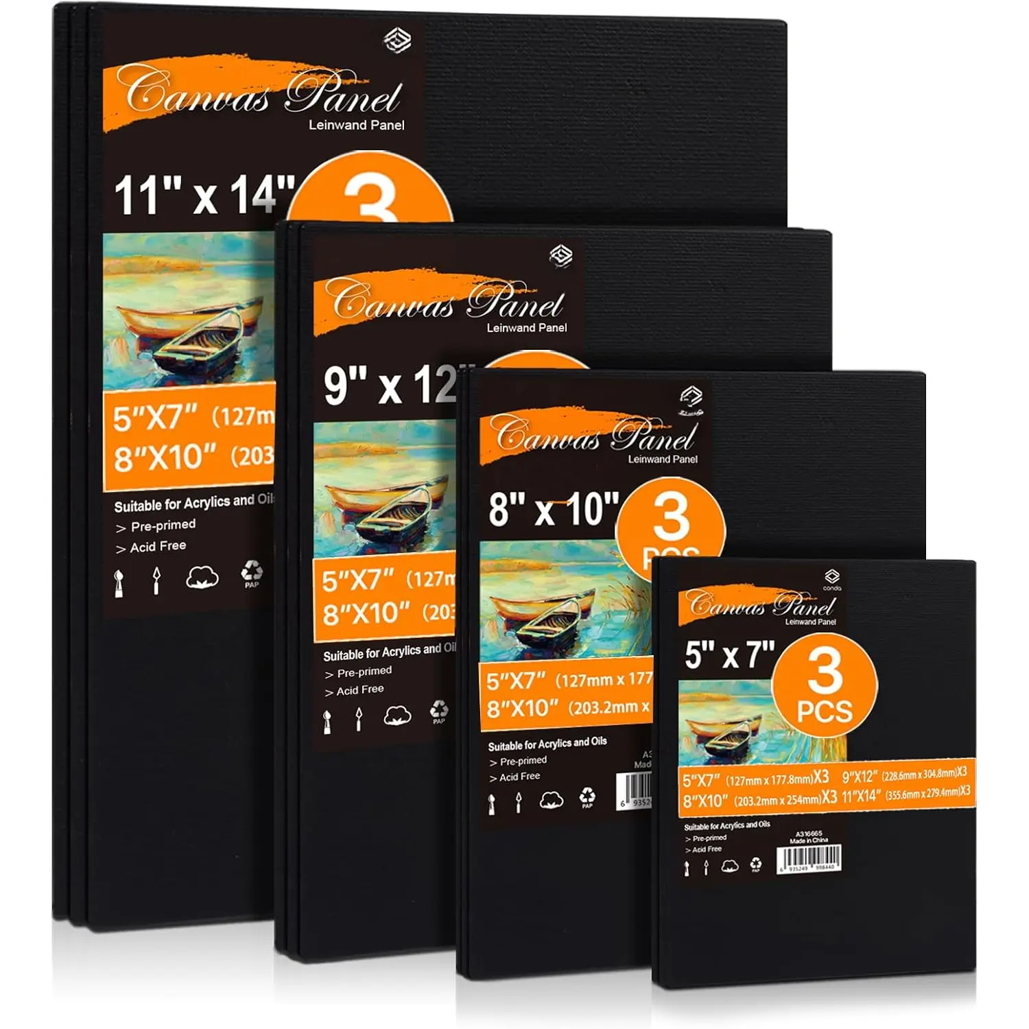 Black Canvas Board for Painting, 12 Pack Multi Size 11x14, 9x12, 8x10, 5x7(3 of Each), Primed,  Cotton, Acid Free Artist Canvas Panels for Oil  & Watercolor