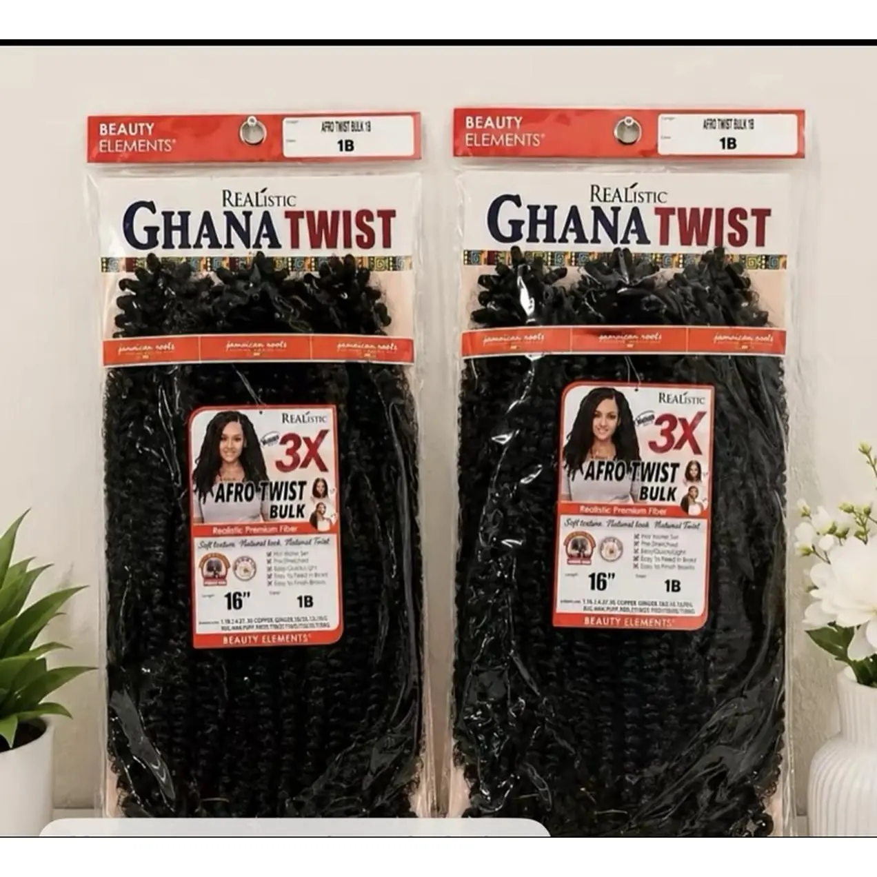 Beauty Elements Realistic Natural Look Ghana Twist Hair Extensions, 3X Bulk Afro Twist, 16in 1B Color