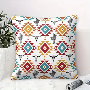American Navajo Style Throw Pillow with Insert, Navajo Geometric Patterns, Cactus and Steer Skull Elements Accent Pillow Zipper Closure, Comfortable Sofa Bed Cushion, Bohemian Home Decor Accessory