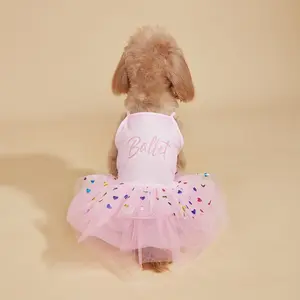 Pink 'Ballet' Dog & Cat Dress - Spaghetti Strap & Heart Tulle Skirt Pet Outfit, Ballerina-Style Clothing for Small Medium Pets Poodle