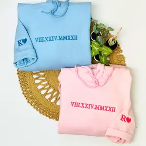 Roman Numeral Embroidered Matching Hoodie, Custom Anniversary Date, Couple Hoodies, Custom Initials With Heart on Sleeve Personalized Black Womenswear Clothing