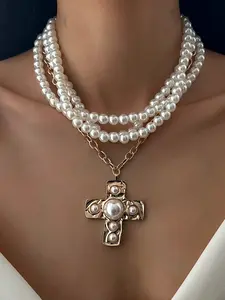 Vintage Luxe Layered Pearl & Gold Cross Necklace | Elegant Gift for Her, Evening & Wedding, Elegant Beaded Necklace