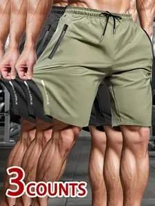 Men’s 3-piece ice silk quick-dry shorts set featuring lightweight, thin, solid-color, loose, stretchy bermuda shorts suitable for summer workouts, running, and the beach.