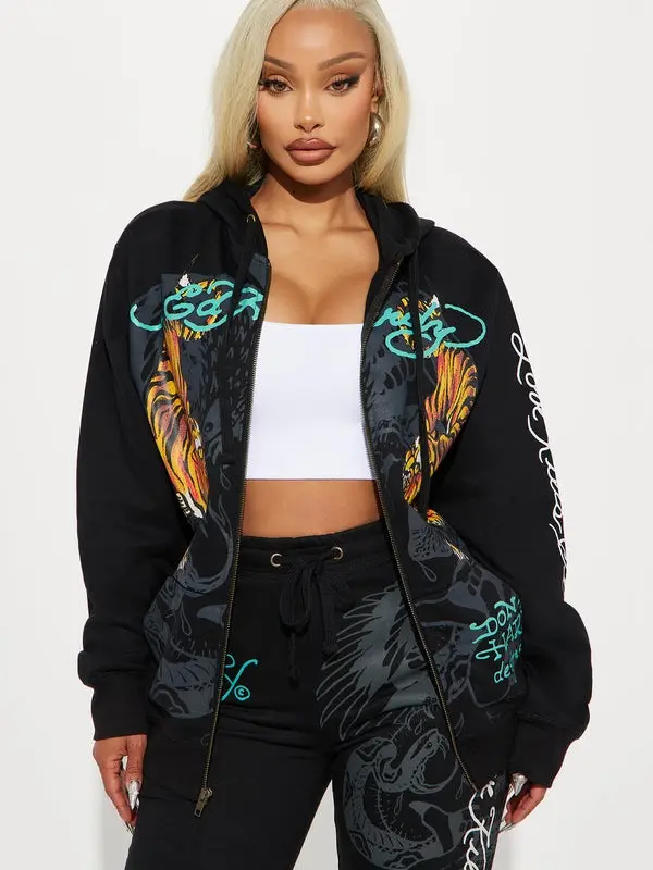 Women's Crawling Tigers Casual Zip-Front Long-Sleeve Hoodie - Black, Womenswear Pullover Top
