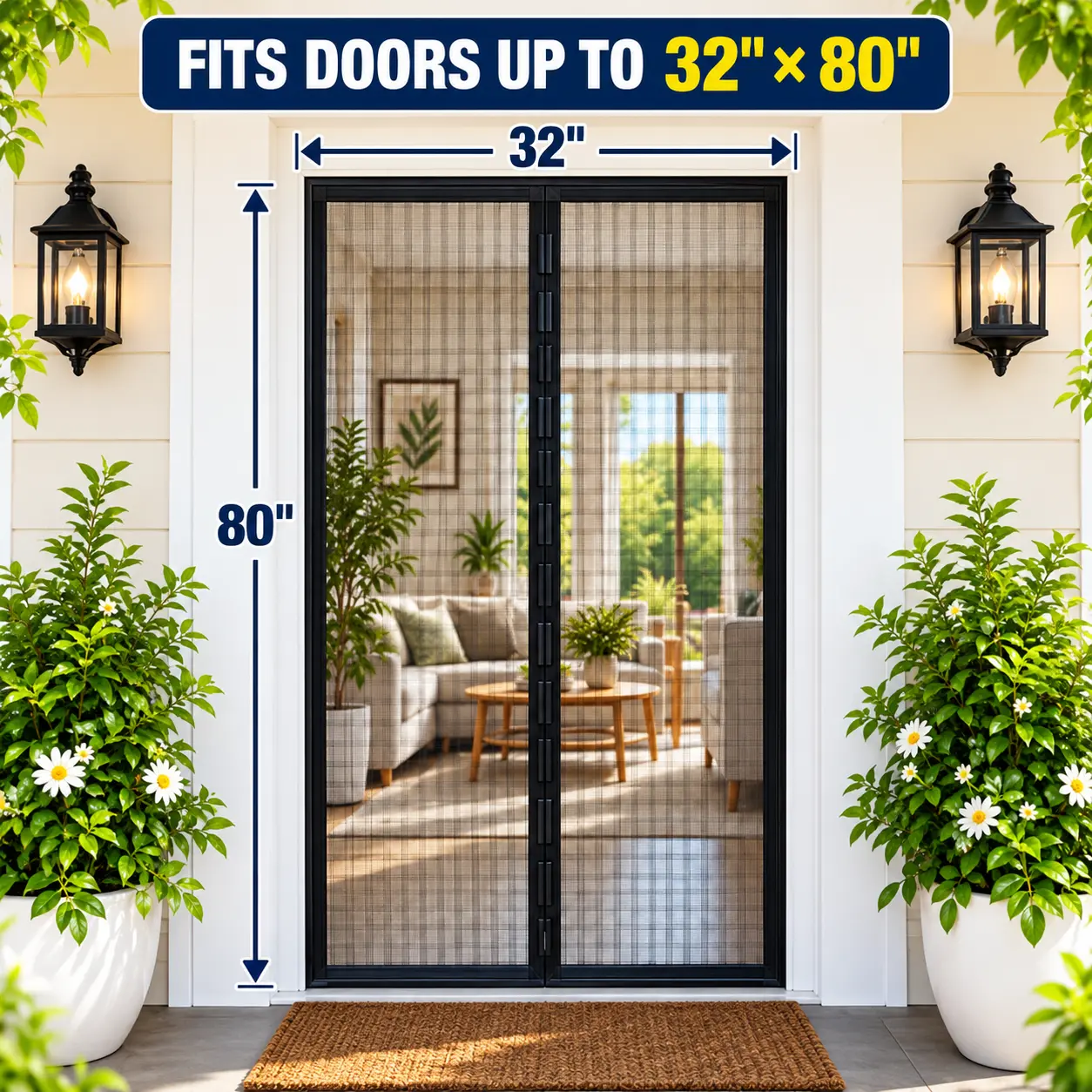 Magnetic Screen Door for 32 x 80 Door, Heavy-Duty Fiberglass Mesh, Self-Closing Hands-Free Door Screen for Pets, Kids & Patio
