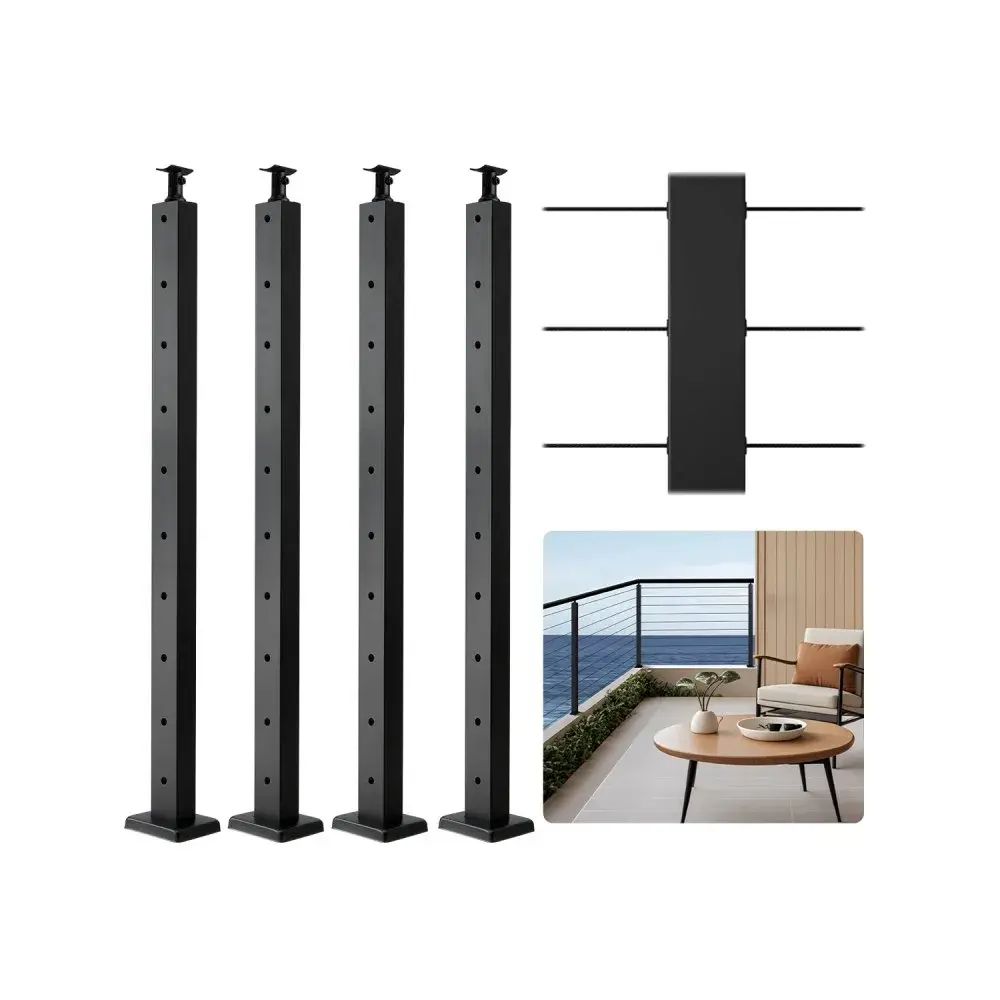【Summerfinds】VEVOR 4-Pack Cable Railing Post,36x1x2 In Horizontal-Hole Deck Railing Post with Pre-Drilled HolesStainless Steel Cable Rail Post with Horizontal and Curved BracketBlack
