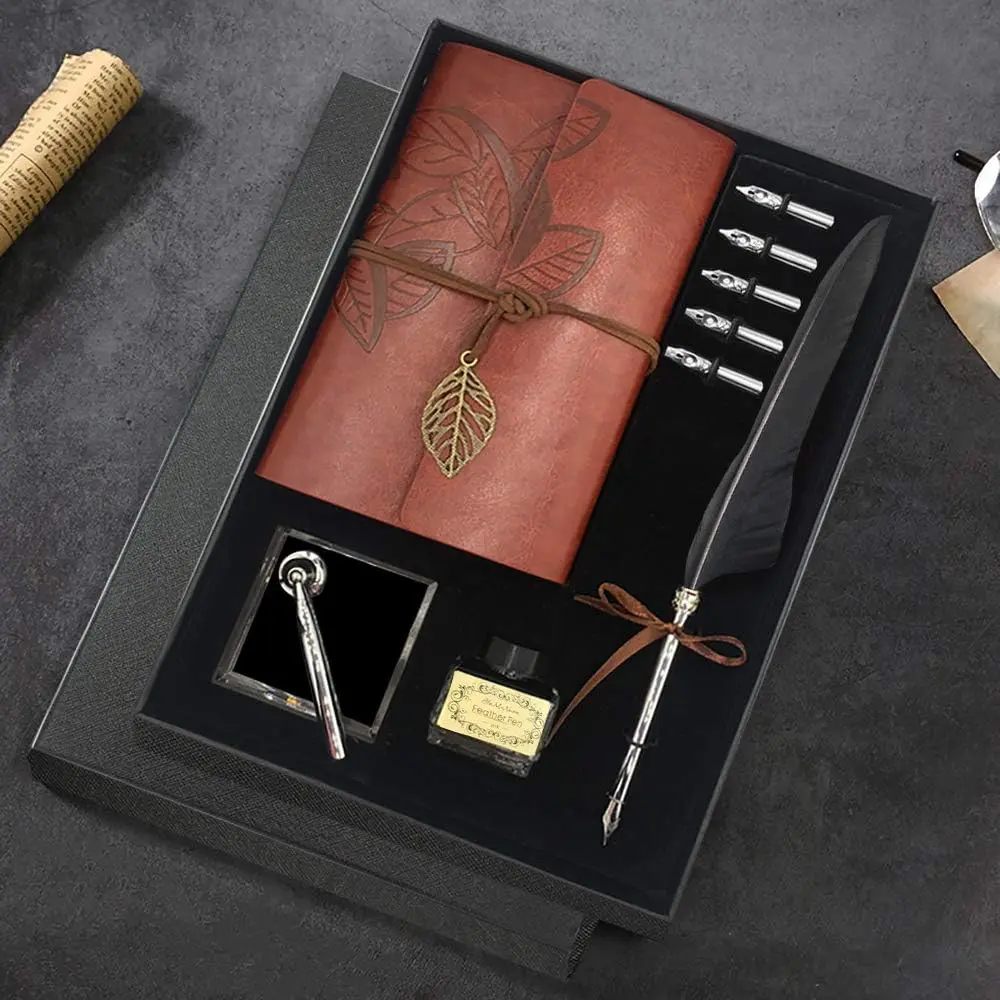 Quill Pen and Ink Set, Antique  Dip Calligraphy Pen Set, including  Pen, 5 Replacement Nibs, Pen Nib Base, Notebook, Ink,  Box,  Gifts for Men Dad (Black)