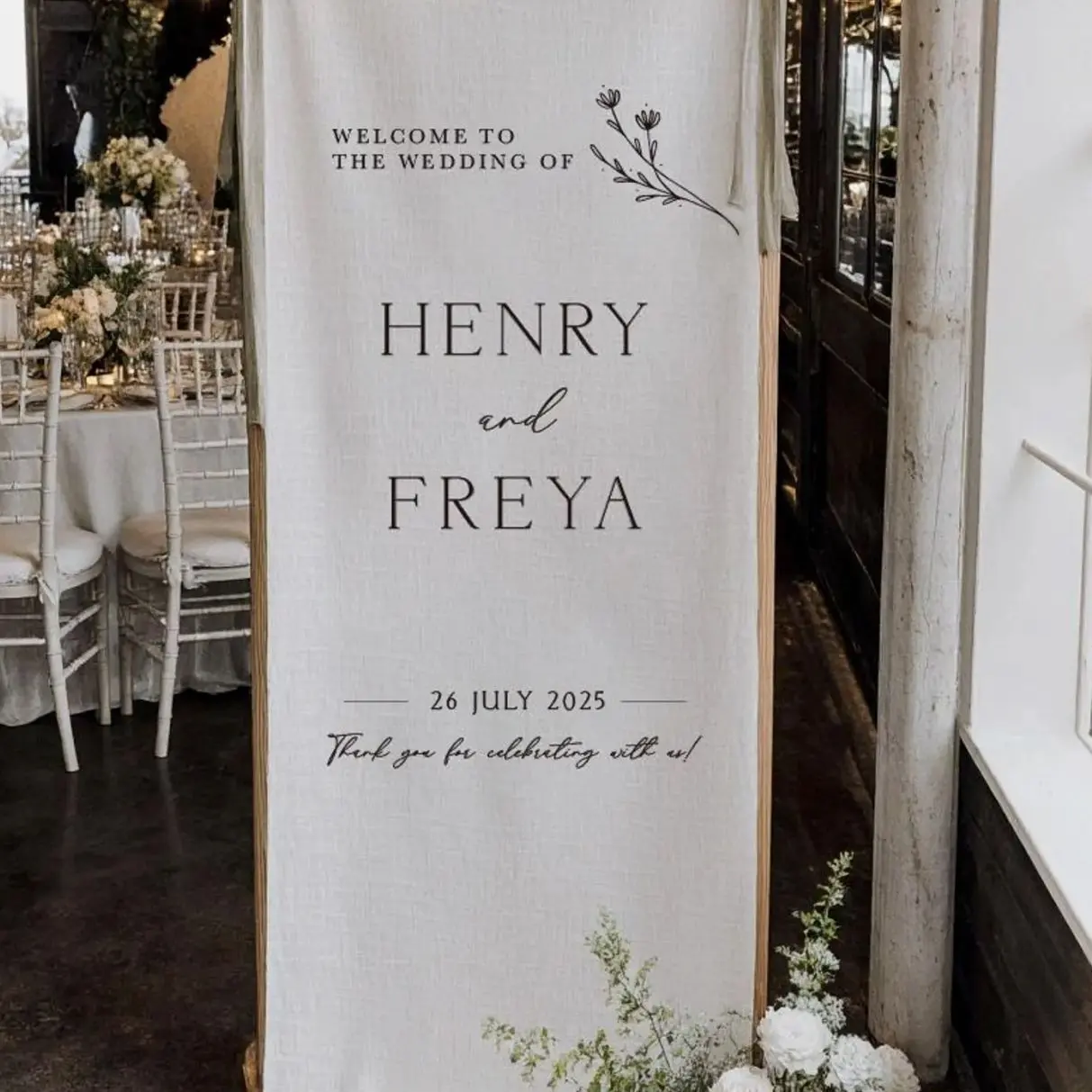 Custom Fabric Wedding Welcome Sign - Modern Microfiber Wedding Sign •  Personalised Wedding Decor (No Silk Ribbon)