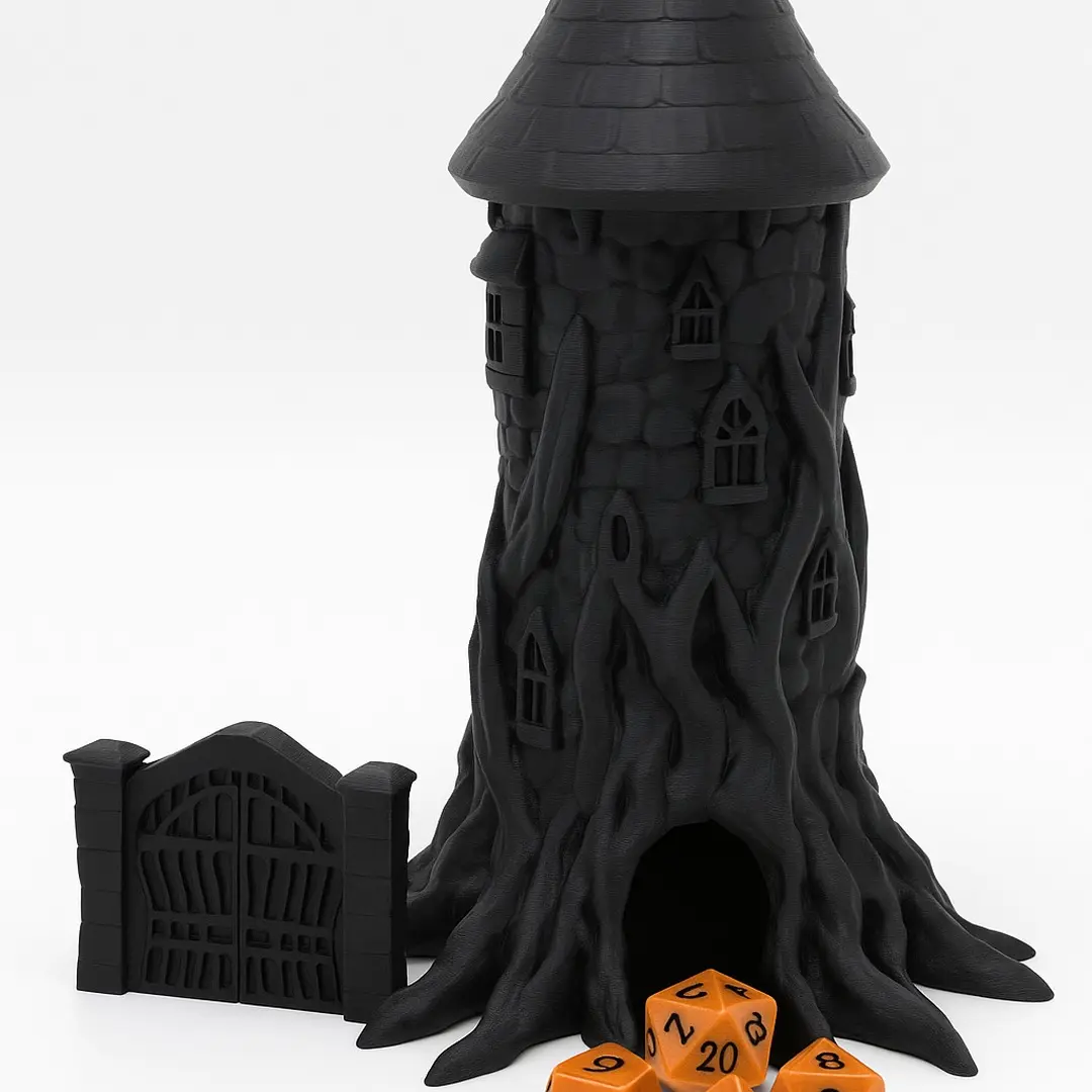 Haunted Tower Dice Tower - Spooky Tree Stump Dice Roller for Tabletop Game Night, Halloween Decor with Graveyard Gate Tray