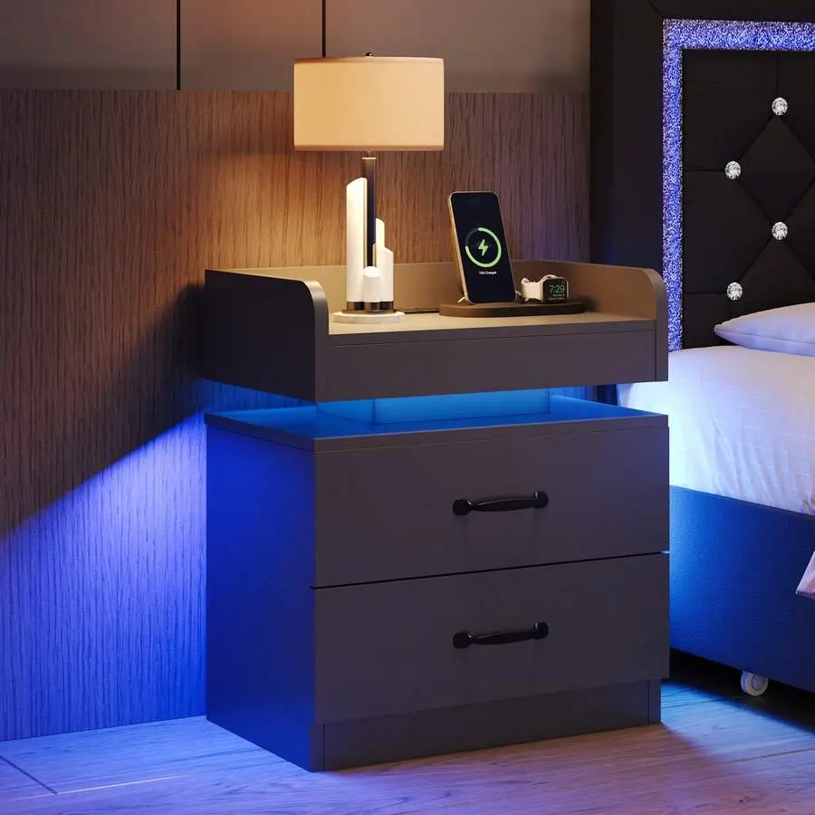 Tall  Bedside  - Modern  Floating Desk with 2 Wood Drawers, Built-In  Lighting, USB Ports, 2 Power Outlets, Glass Door, Ample Storage, Side   Furniture, Bedside Side ,  Nightstand  Furniture,Adjustab,fa,Indoor