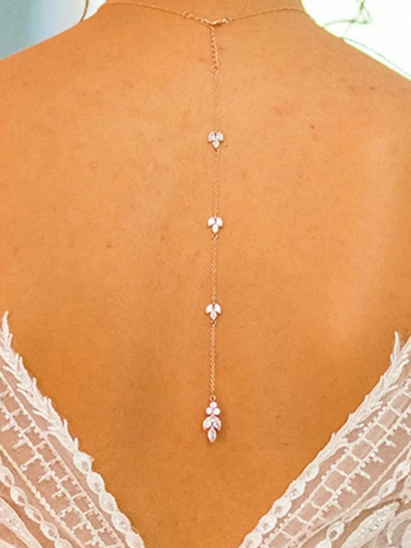 Rhinestone Back Chain Necklace,Leaves BackDrop Jewelry,Wedding Bridal Long Pearl Back Necklace Jewelry for Women Backless Dress, Fashion Body Jewelry, Body Jewelry Accessory