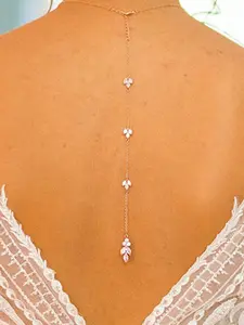 Rhinestone Back Chain Necklace,Leaves BackDrop Jewelry,Wedding Bridal Long Pearl Back Necklace Jewelry for Women Backless Dress, Body Jewelry Accessory