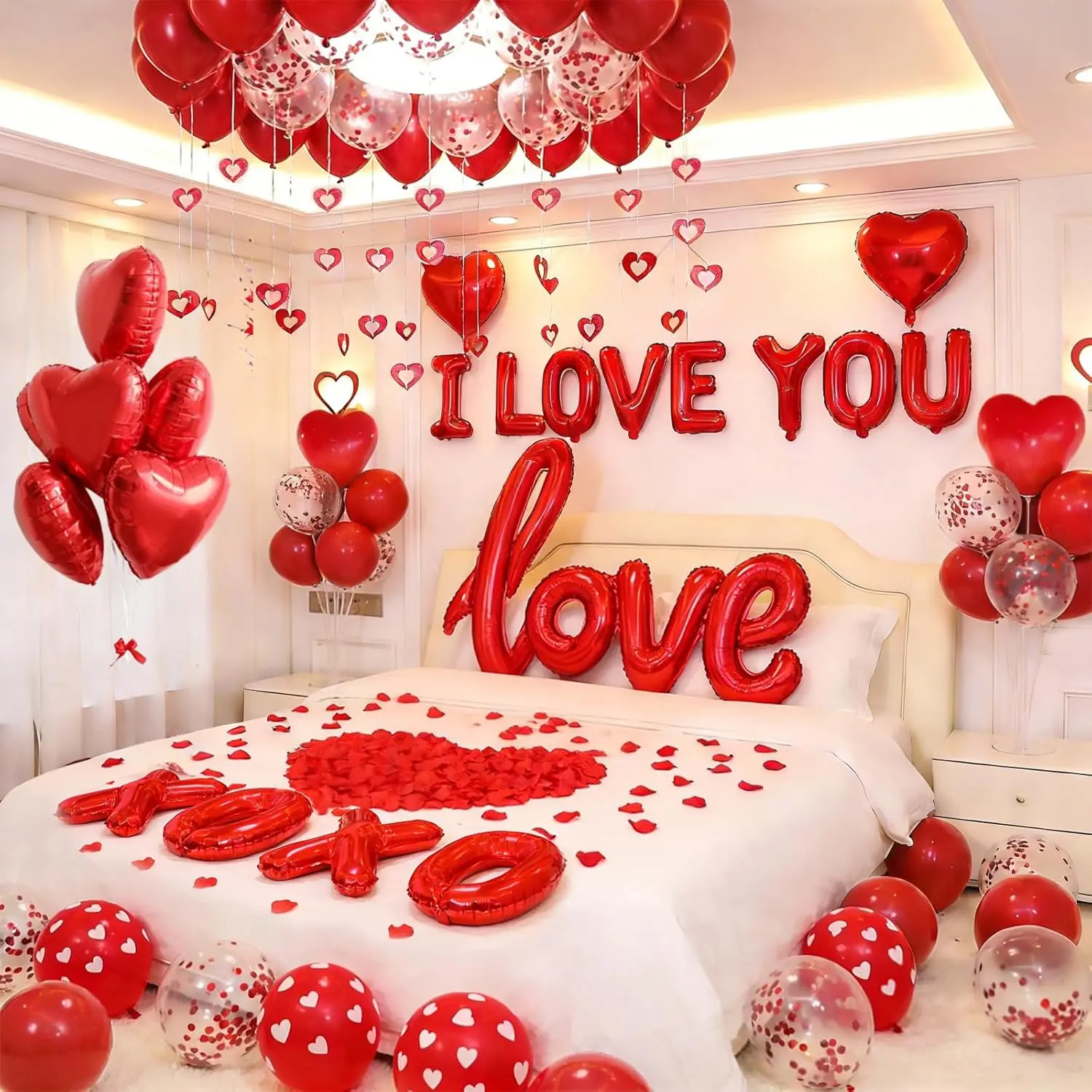 1100PCS Valentine's Day Balloons Kit with XOXO, Red Heart and I Love You Balloons,1000 Silk Rose Petals, 50 Heart Hangers for Valentines Decorations Anniversary, Proposal, Romantic Wedding Party, Heart Shape, Reusability