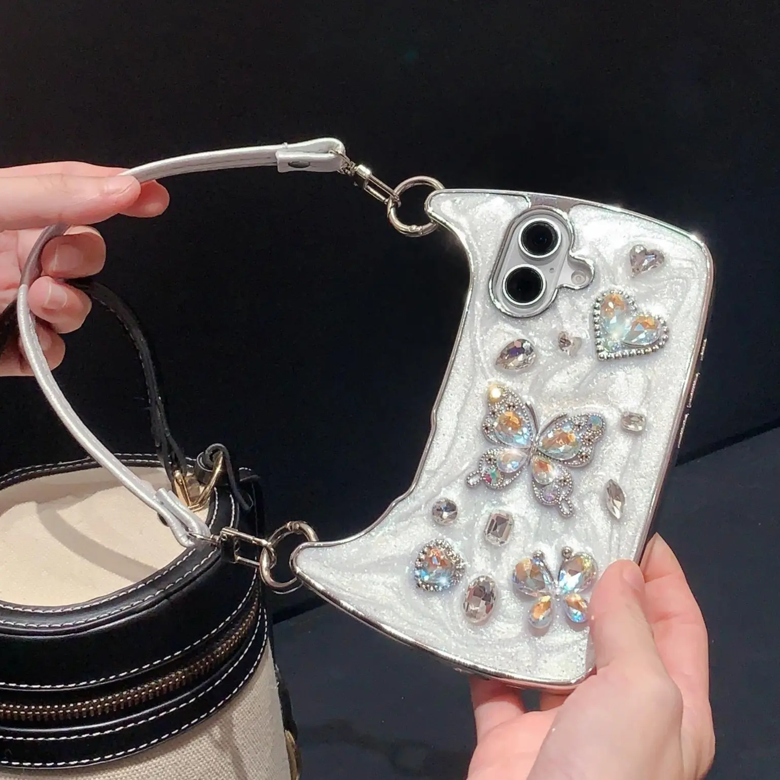 Lanyard Diamond Sparkle Case for iPhone 17 Pro Max 16 15 14 13 Glitter Bling Crystal Handbag Case with Wristband Bracelet for Women Girls Butterfly Bow Heart Mirror Shockproof Pretty Luxurious 3D Rhinestone Case Cover